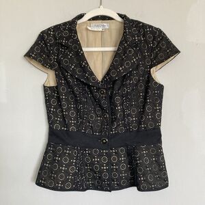 Vintage Kay Unger Eyelet Peplum Top 6 Blouse Black Cotton Elegant Sophisticated